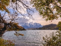 Jezioro, Patagonia, Chile, Park Narodowy Torres del Paine, Drzewa, Góry