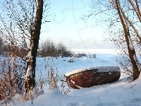 Jezioro, Łódz, Drzewa, Zima
