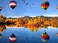 Jezioro, Jesień, Góry, Balony
