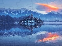 Jezioro, Kościół, Góry, Odbicie