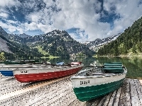 Jezioro, Tyrol, Pomost, Austria, Góry, Łodzie