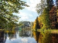 Jezioro, Park, Jesień, Drzewa