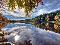 Jezioro, Odbicie, Jesień, Las, Chmury
