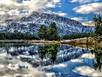 Góry, Jezioro Odbicie, Park Narodowy Banff, Kanada, Lasy