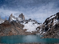 Jezioro, Argentyna, Śnieg, Niebo, Góry, Patagonia, Lagoon de los Tres