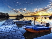 Jezioro, Słońca, Molo, Łódki, Zachód