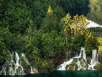 Jezioro, Chorwacja, Wodospady, Drzewa, Park Narodowy Jezior Plitwickich, Plitwice, Rośliny