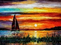 Jezioro, Leonid Afremov, Zachód, Słońca, Żaglówka