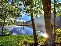 Jezioro, Lato, Wschód słońca, Mgła