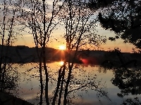 Jezioro, Zachód, Słońca, Drzewa
