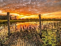 jezioro, Zachód słońca, molo