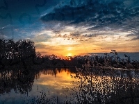 Jezioro, Zachód, Słońca, Szuwary