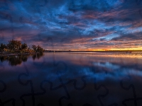 Chmury, Drzewa, Chatfield Lake, Stan Kolorado, Wschód słońca, Jezioro, Stany Zjednoczone, Chatfield State Park