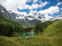 Jezioro, Chmury, Góry, Ośnieżone szczyty, Las