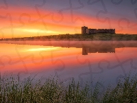 Jezioro, Portugalia, Castelo de Valongo, Mgła, Zamek, Evora, Wschód słońca