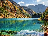 Park Narodowy Jiuzhaigou, Góry, Drzewa, Las,  Chiny, Jesień, Jezioro Arrow Bamboo