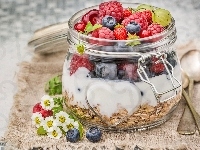 Jogurt, Łyżeczki, Słoik, Płatki owsiane, Owoce