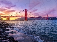 Cieśnina Golden Gate, Stan Kalifornia, Kamienie, Stany Zjednoczone, Most Golden Gate Bridge, Zachód słońca