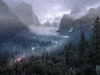 Kalifornia, Góry, Drzewa, Mgła, Stany Zjednoczone, Park Narodowy Yosemite