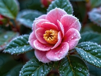 Różowy, Kamelia, Kwiat, Krople, Listki