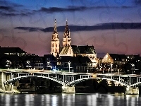 Kamienice, Miasto nocą, Rzeka, Most, Zmrok