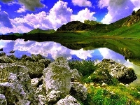 Kamienie, Góry, Jezioro, Chmury