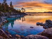 Kamienie, Wschód słońca, Jezioro, California