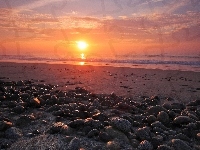 Kamienie, Słońca, Plaża, Morze, Zachód