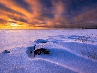 Północna Karelia, Zachód słońca, Śnieg, Joensuu, Zima, Finlandia, Jezioro, Kamienie