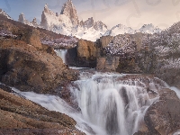 Skały, Szczyt Fitz Roy, Góry Andy, Rzeka, Kamienie, Patagonia, Argentyna, Wodospad, Park Narodowy Los Glaciares