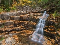 Kamienie, Jesień, Wodospad, Liście