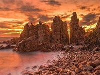 Wyspa Phillip Island, Zachód słońca, Kamienie, Morze, Australia, Przylądek Cape Woolamai, Skały
