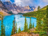 Canadian Rockies, Alberta, Kanada, Park Narodowy Banff, Jezioro, Drzewa, Tęcza, Góry, Moraine Lake