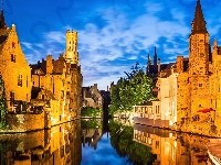 Dzwonnica, Brugia, Belgia, Kanał, Domy, Wieża Belfort
