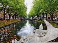 Kanał, Drzewa, Dusseldorf, Konigsallee, Rzeźba