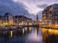 Nabrzeże, Amsterdam, Holandia, Kanał, Domy, Łodzie