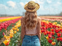 Plantacja, Grafika, Kwiaty, Dziewczyna, Blondynka, Tulipany, Kobieta, Kapelusz