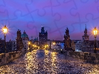 Praga, Oświetlenie, Most Karola, Latarnie, Czechy, Posągi