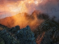Góry, Karpaty, Wschód Słońca, Rumunia, Masyw Retezat, Chmury