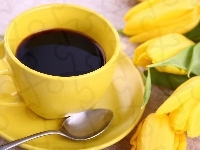 Kawa, Żółta, Filiżanka, Tulipany