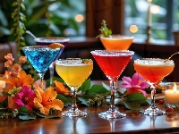 Świece, Drinki, Kolorowe, Kieliszki, Okno, Kwiaty