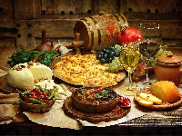 Kieliszki, Uczta, Beczka, Winogrona, Papryczki, Zastawiony, Stół, Wino, Sery, Pizza