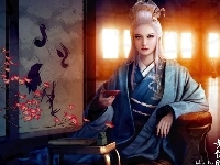 Kimono, Wiśni, Kobieta, Japonka, Kwiat