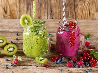 Kiwi, Koktajle, Dwa, Słomki, Porzeczki, Jagody, Słoiki, Owoce, Maliny