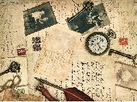 Klucze, Vintage, Listy, Zegarek Kieszonkowy, Pióra