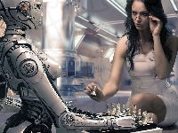 Czarnowłosa, Robot, Szachy, Kobieta