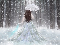 Śnieg, Fantasy, Kobieta, Parasol
