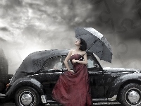 Kobieta, Samochód, Klasyk, Parasol