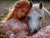 Biały, Rudowłosa, Śpiąca, Kobieta, Koń, Łąka