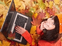 Kobieta, Jesień, Liście, Laptop